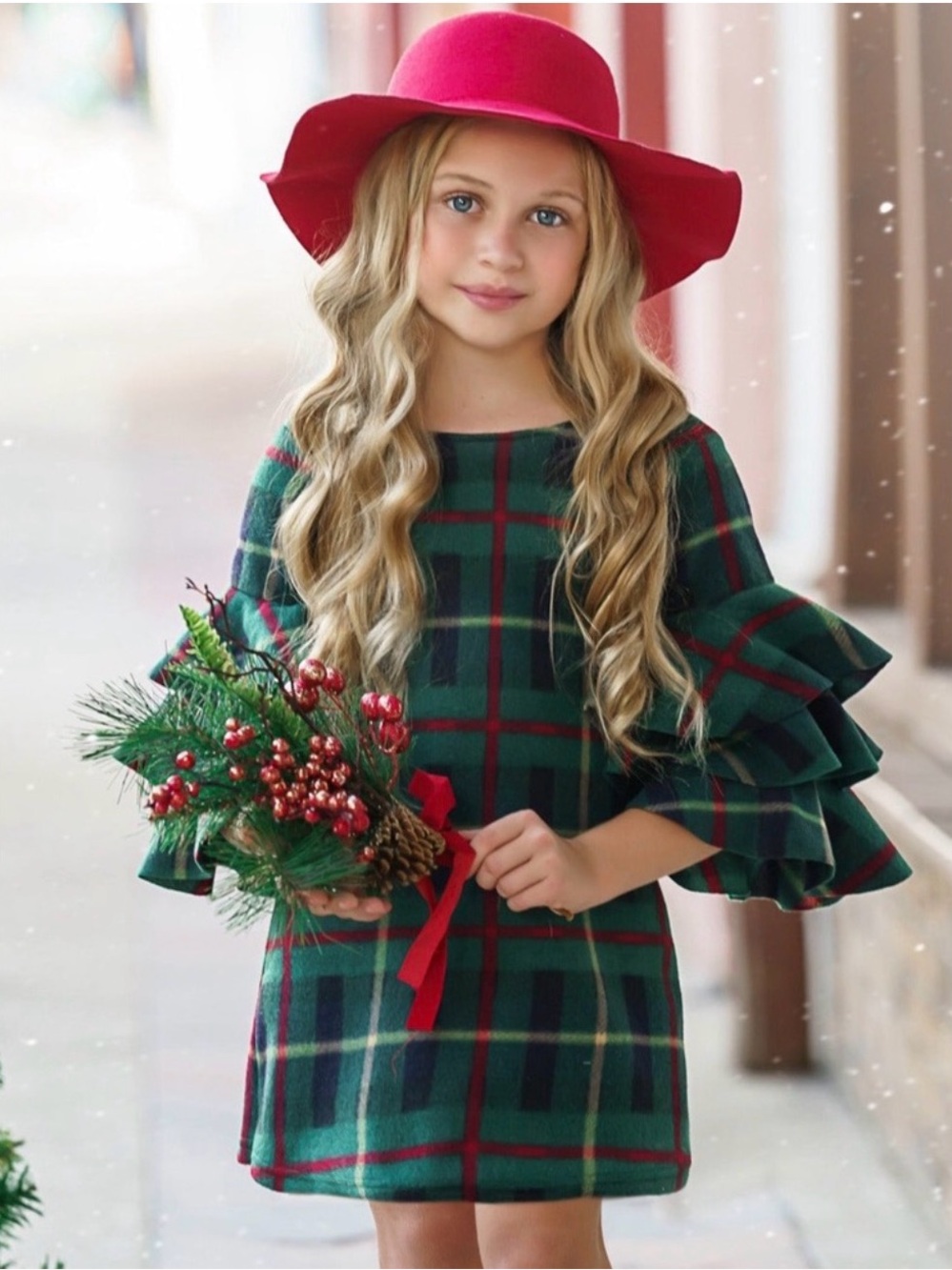 NWT Mia Belle Girls Classic Green Plaid Holiday Dress with Ruffle Sleeves - Kids